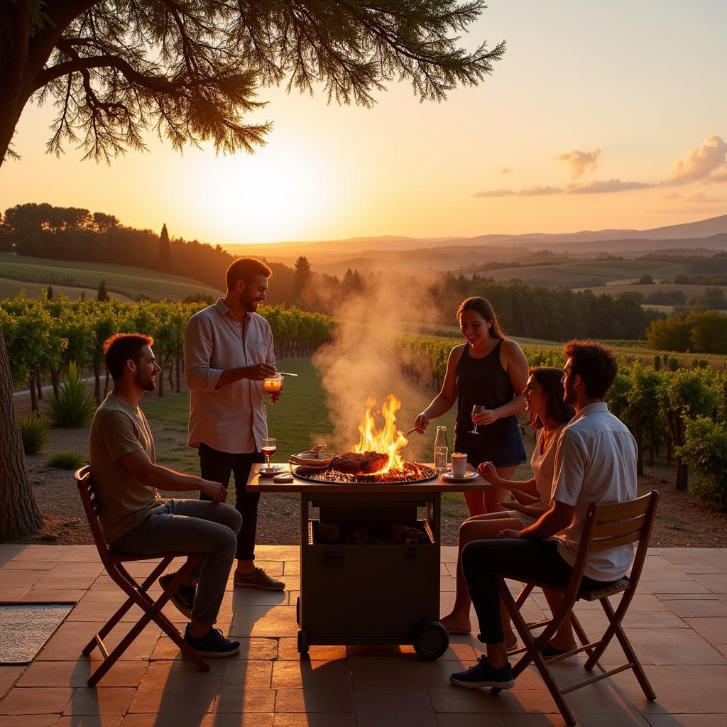 Group of friends enjoying BBQ at a Spanish countryside villa