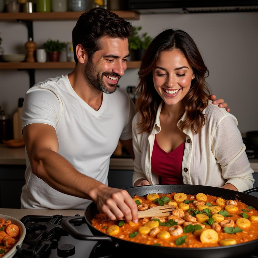 A couple prepares paella in their Spanish kitchen