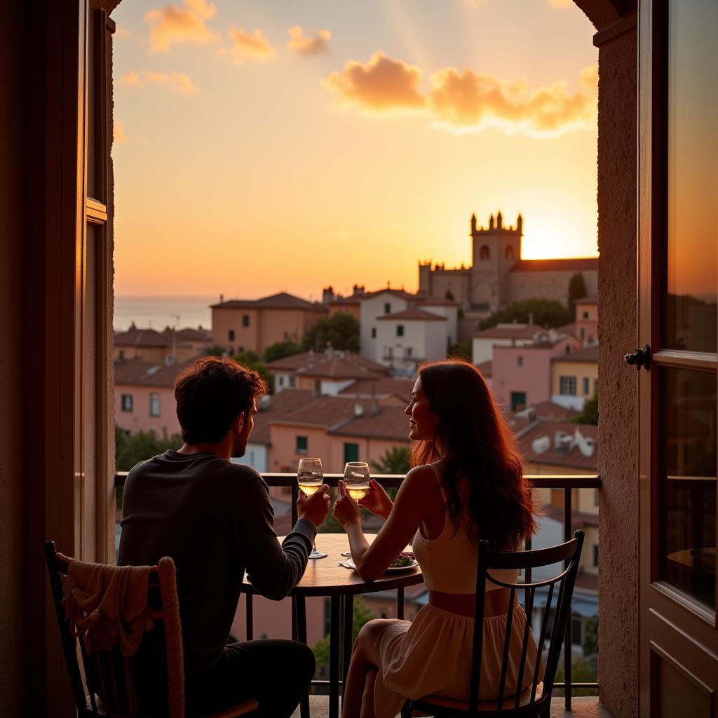 A couple enjoying a glass of wine on a Spanish balcony overlooking a picturesque town