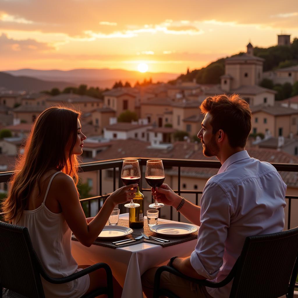 Spanish Couple Enjoying Wine on a Jucar Home Balcony