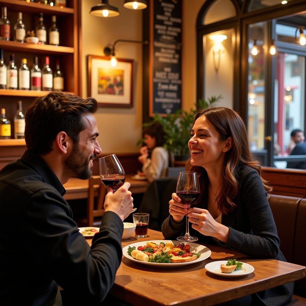 A Spanish couple enjoys wine and tapas at a local bar in Seville