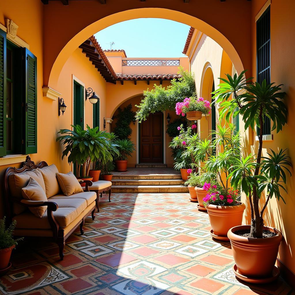 A serene Spanish courtyard filled with vibrant flowers and traditional decor.