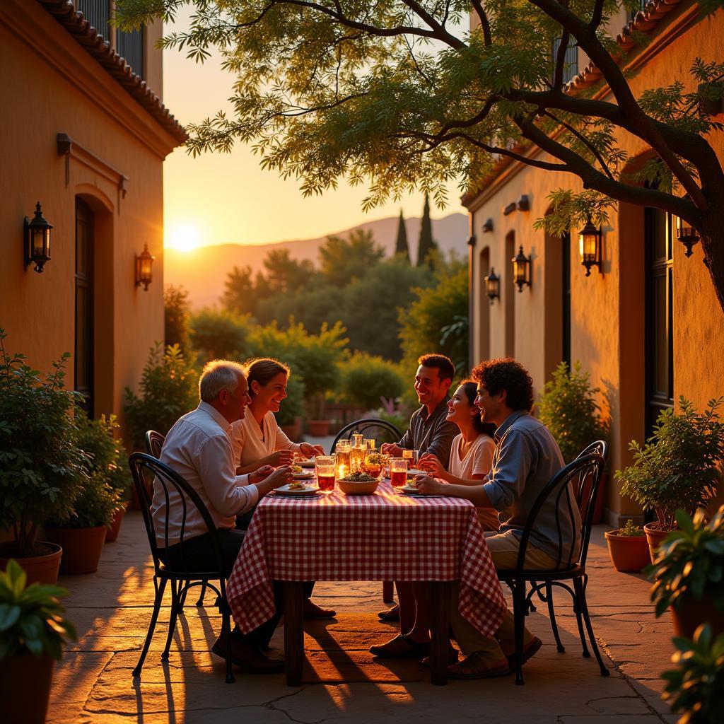 A family enjoys a meal together in a traditional Spanish courtyard