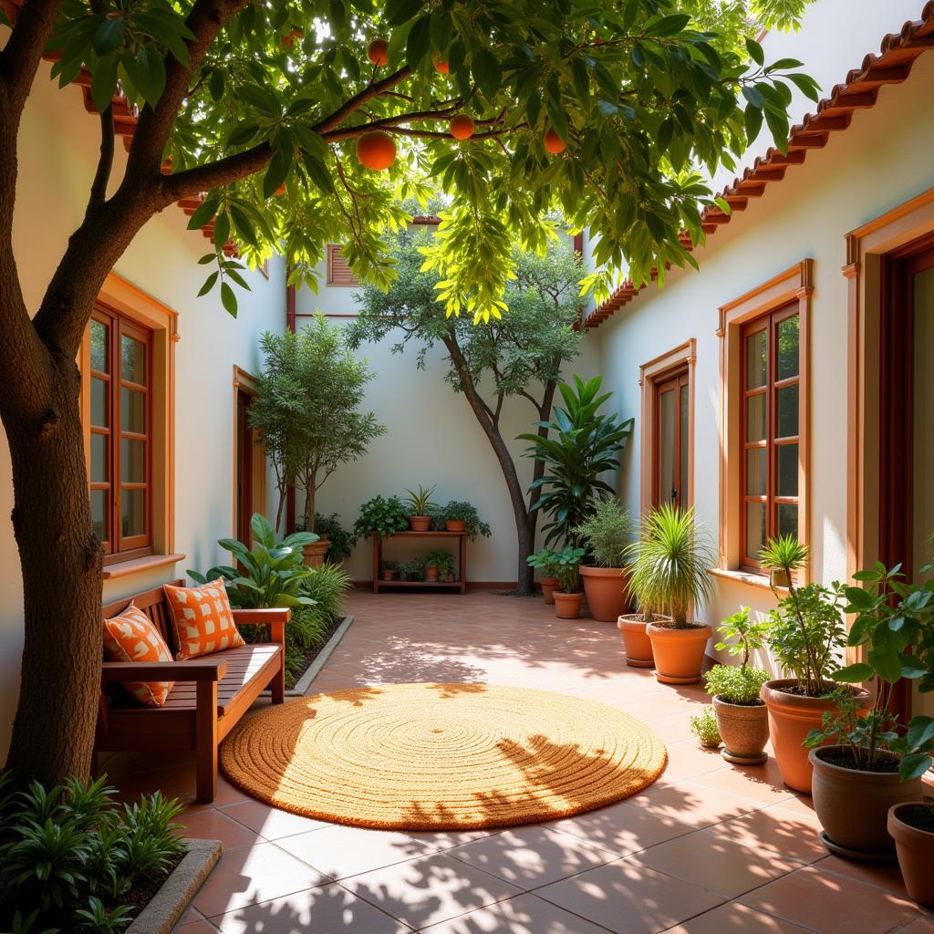 A peaceful Spanish courtyard with a kave home alfombra infantil