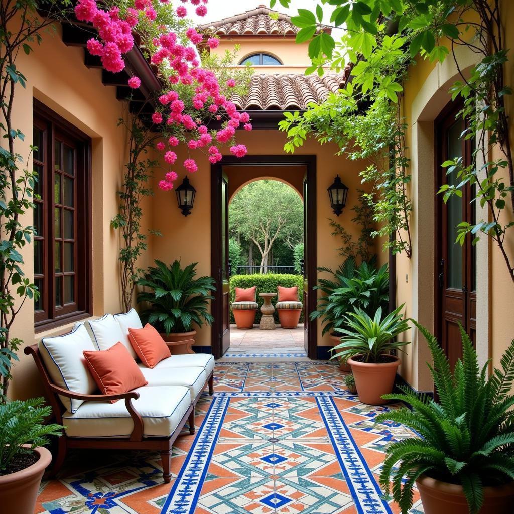 A charming Spanish courtyard bathed in sunlight.