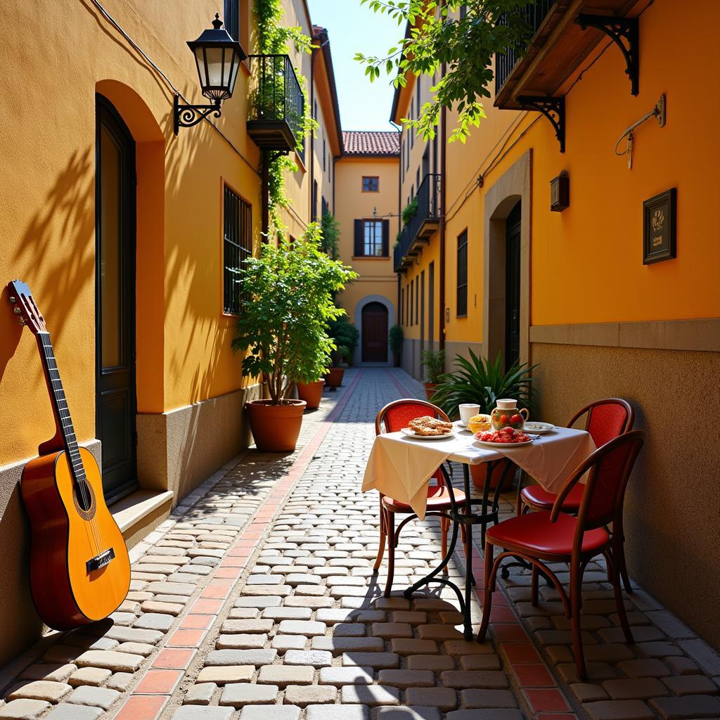 Couple enjoying breakfast in a traditional Spanish courtyard