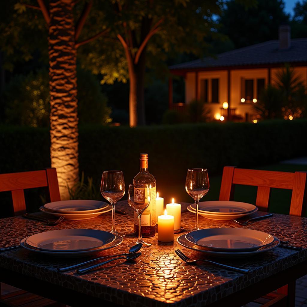 A romantic Spanish courtyard bathed in the warm glow of candlelight, with a Google Home device subtly placed on a mosaic table.