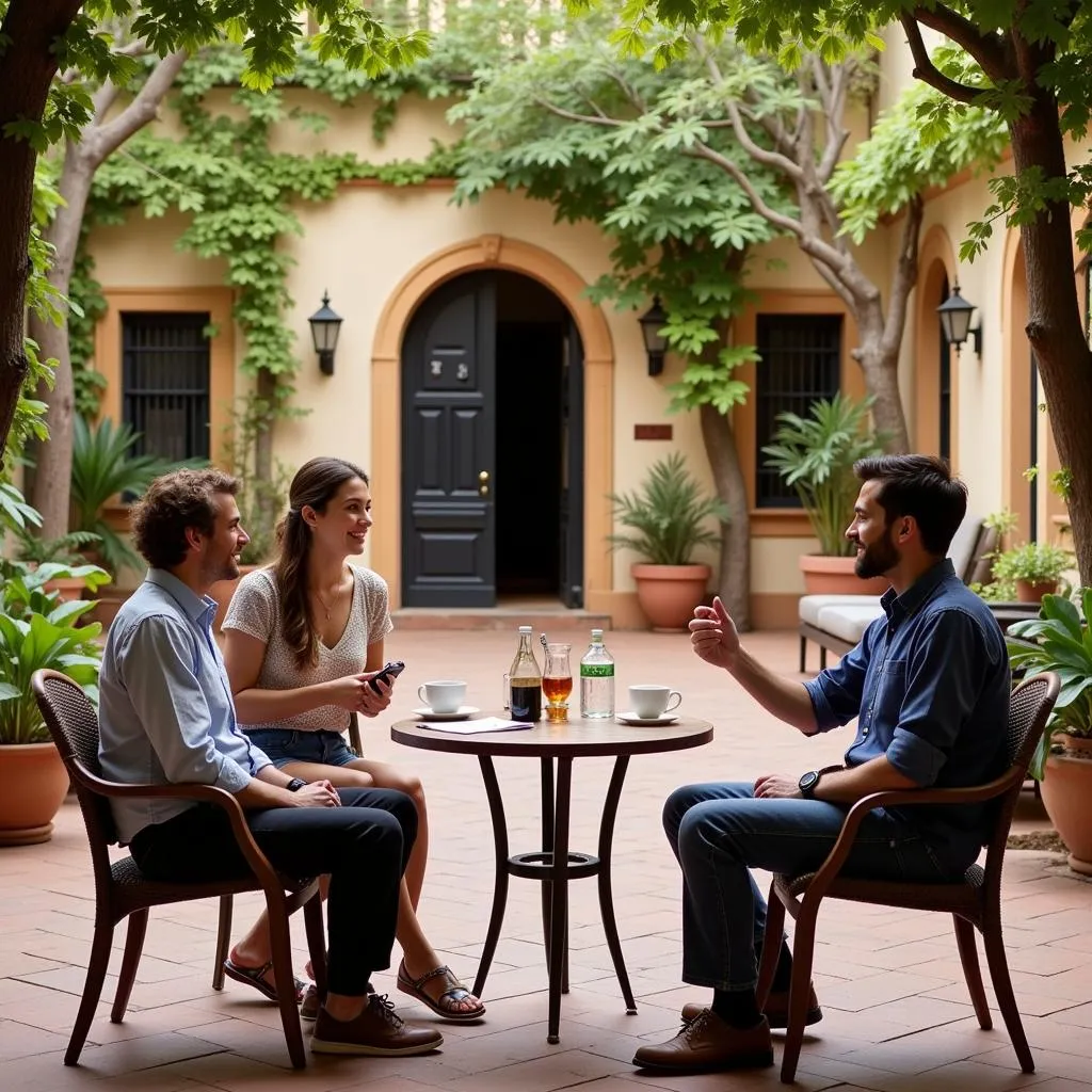 Tourists conversing with Spanish host in a courtyard