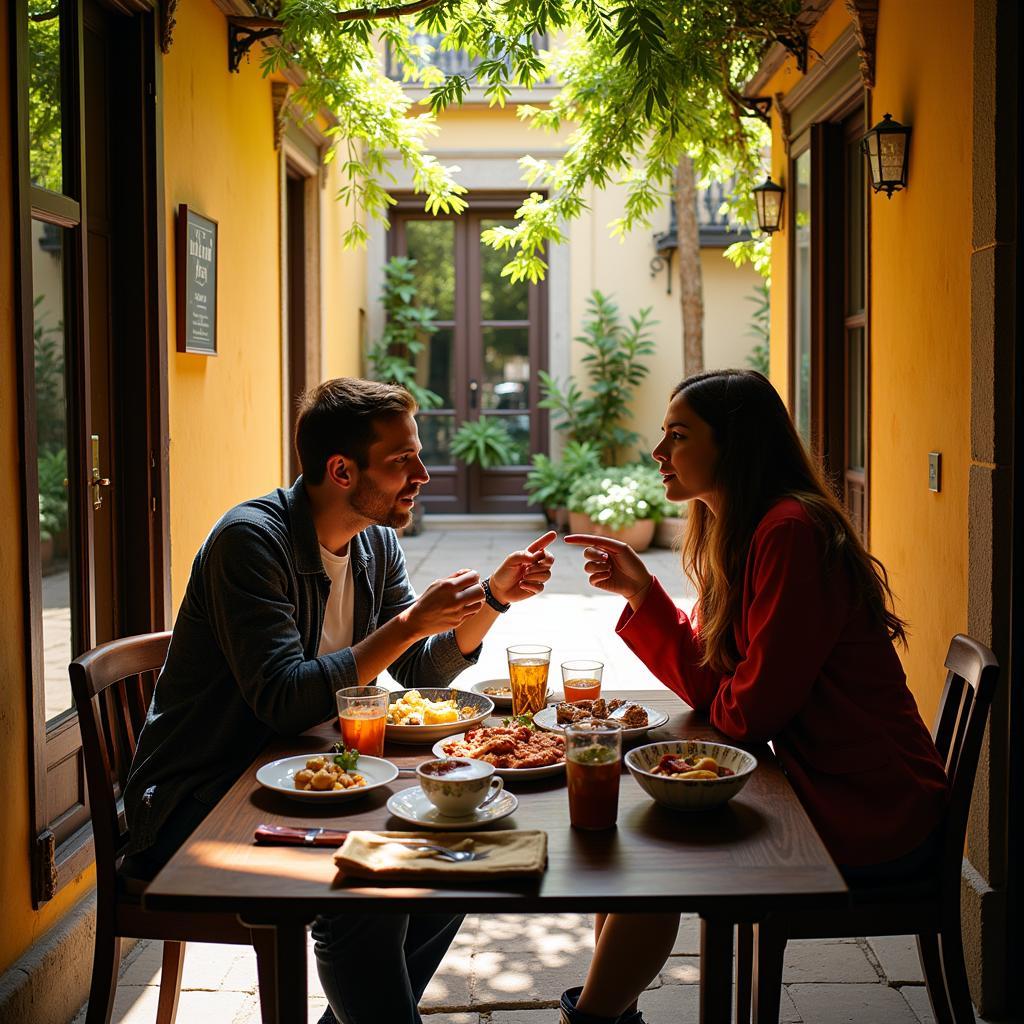 A Spanish courtyard alive with conversation