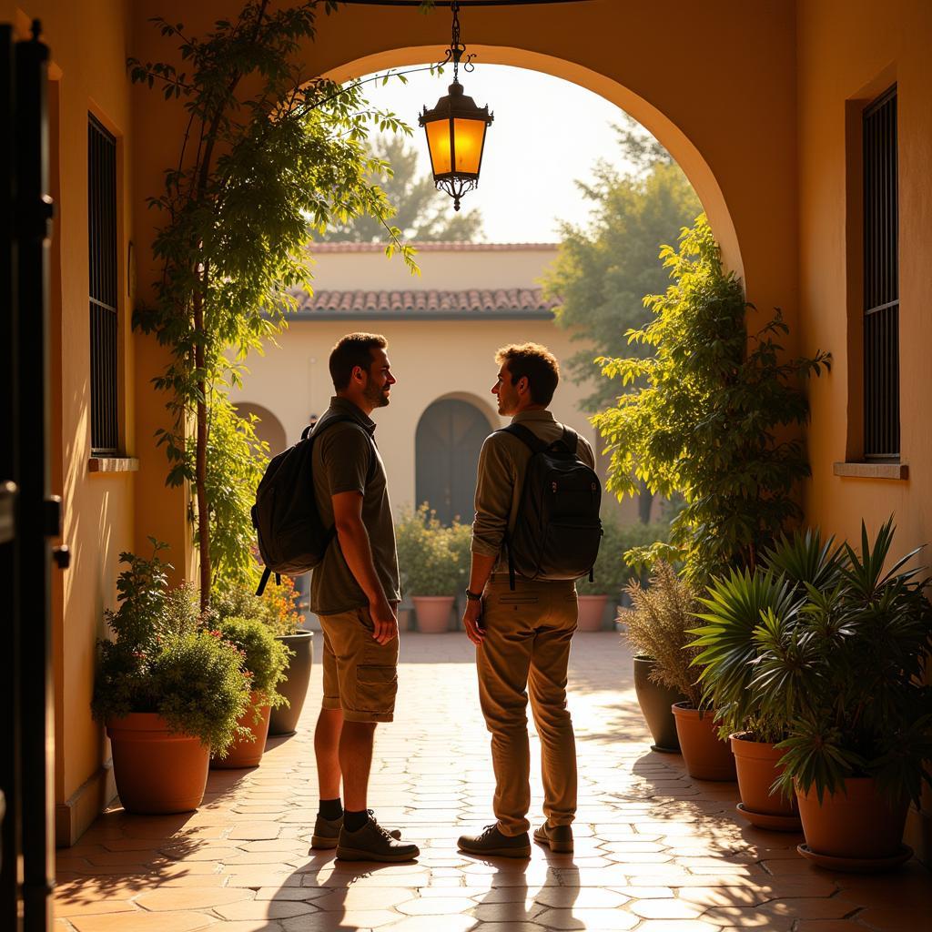  Travelers chatting with their host in a beautiful Spanish courtyard