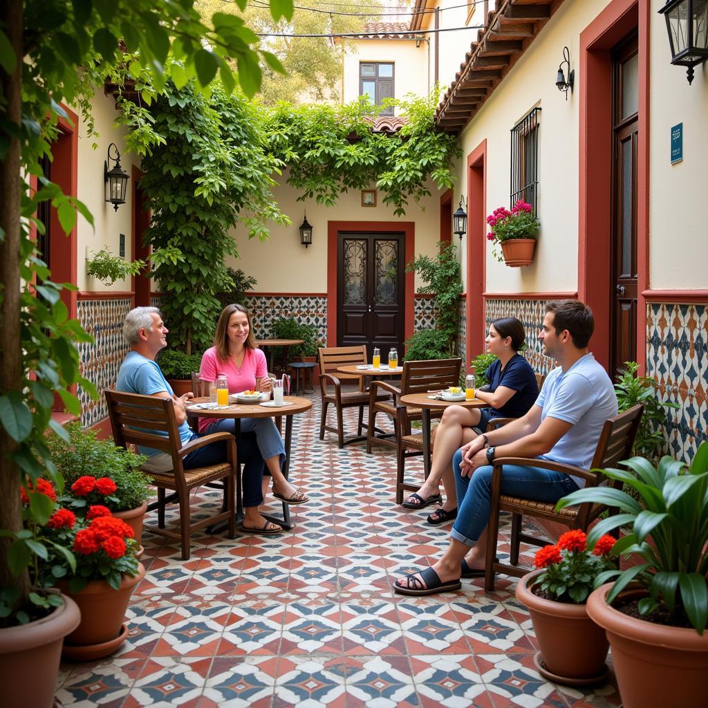 Tourists chatting with local host in a Spanish courtyard