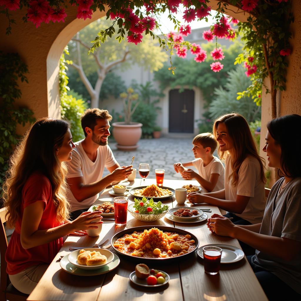 family enjoying traditional meal in a sunlit courtyard