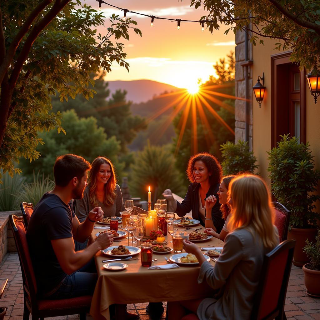 A Family Enjoys a Traditional Spanish Dinner in a Cozy Courtyard