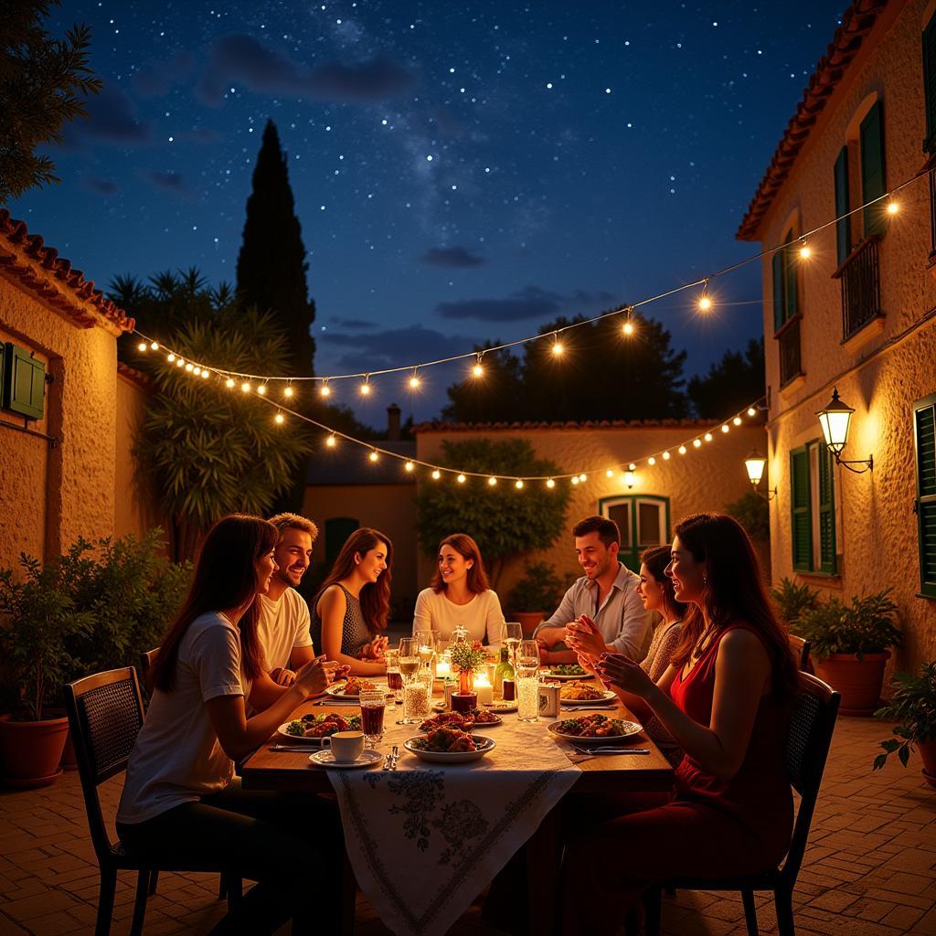  A lively family dinner in a charming Spanish courtyard, furnished with "due home muebles."