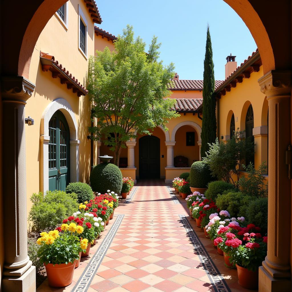 A tranquil Spanish courtyard bursting with colorful flowers