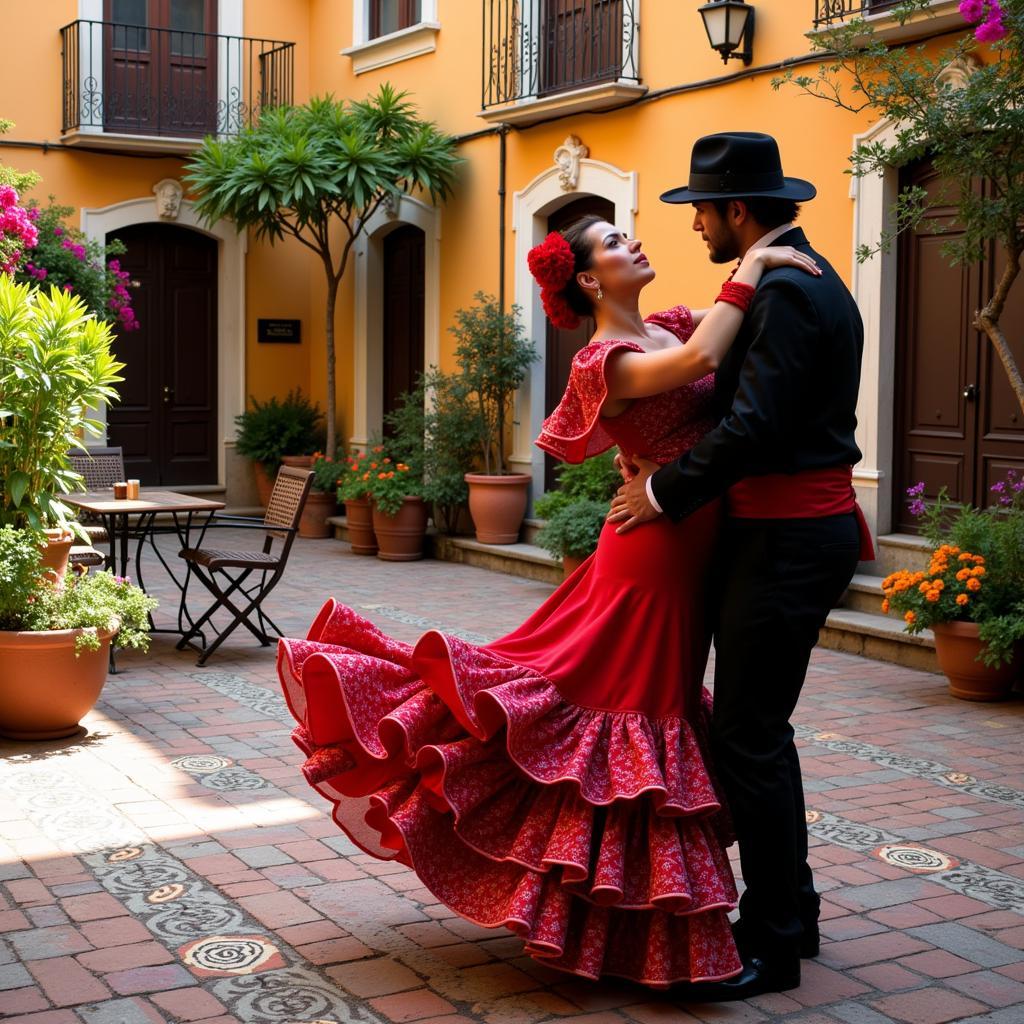 Flamenco dancer performing in a traditional Spanish courtyard