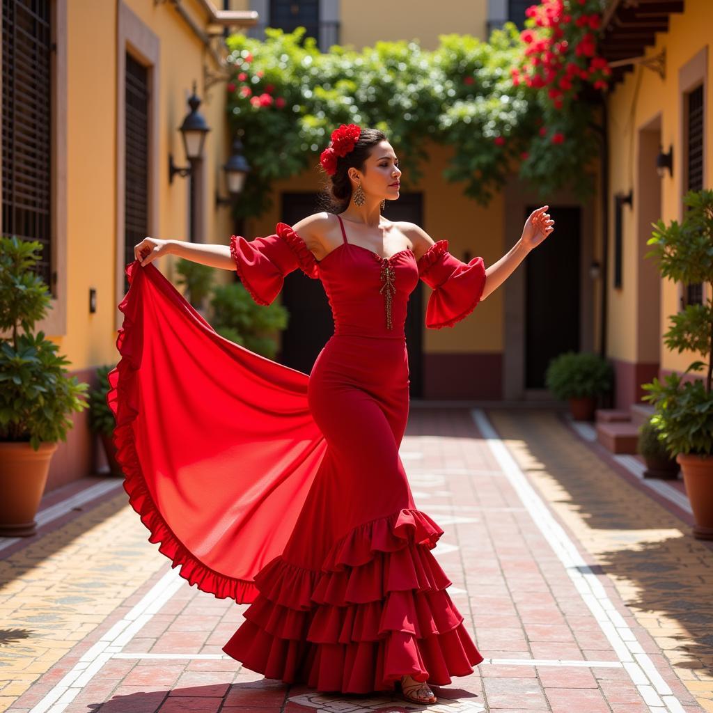 Flamenco dancer in traditional dress performing in a vibrant Spanish courtyard