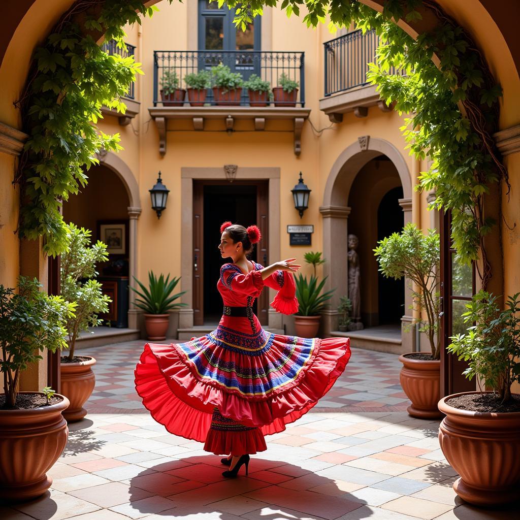 Flamenco dancer performing in a traditional Spanish courtyard