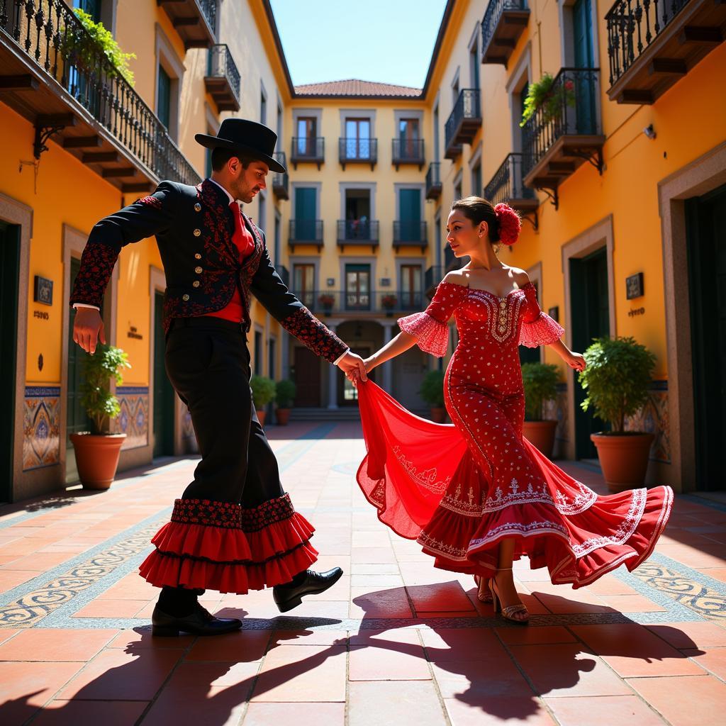 Flamenco dancers performing in a traditional Spanish courtyard