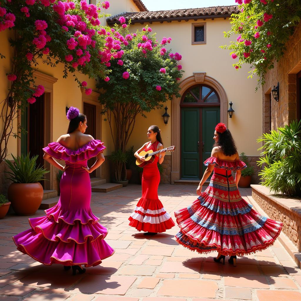 Flamenco dancers performing in a traditional Spanish courtyard