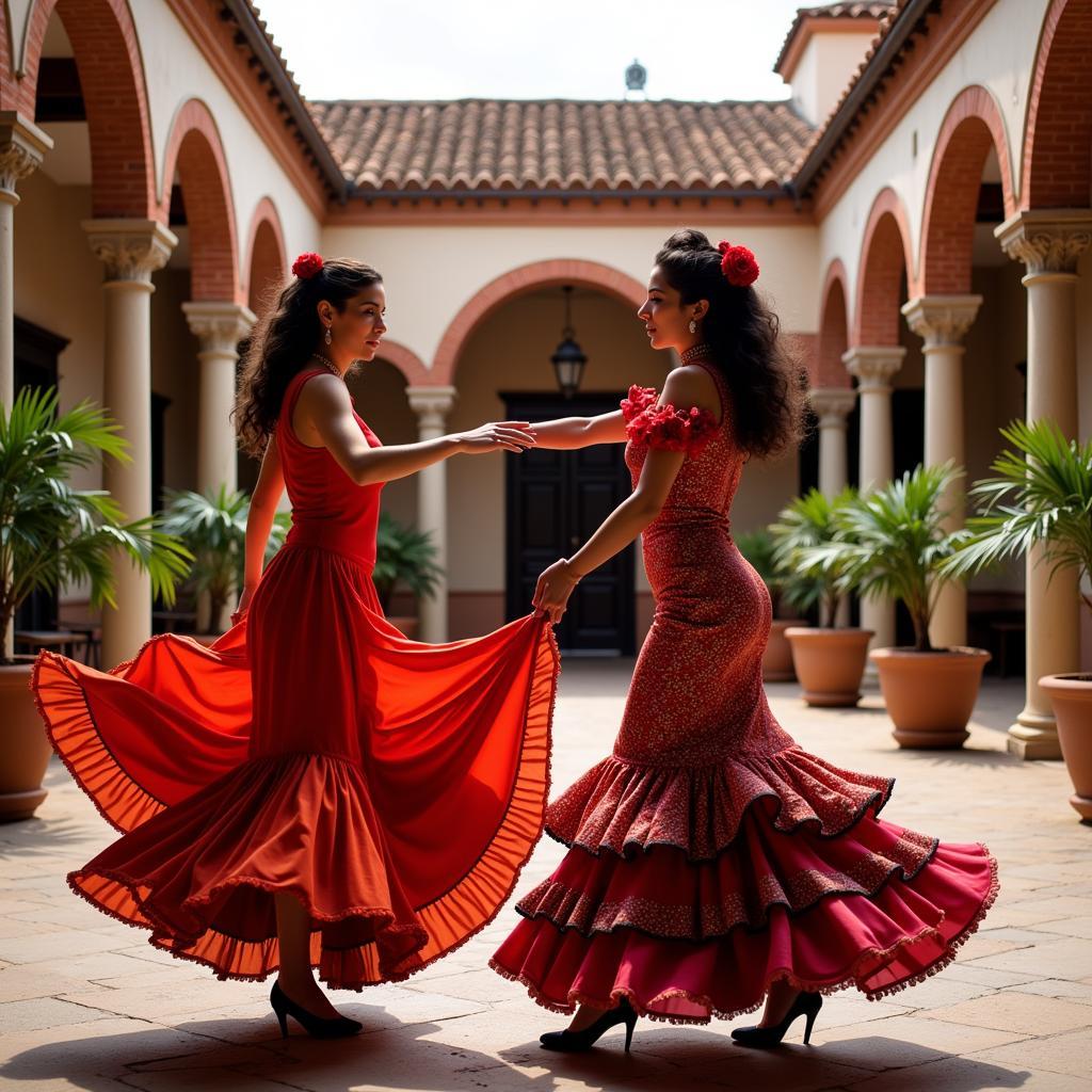 A group of flamenco dancers performing in a traditional Spanish courtyard