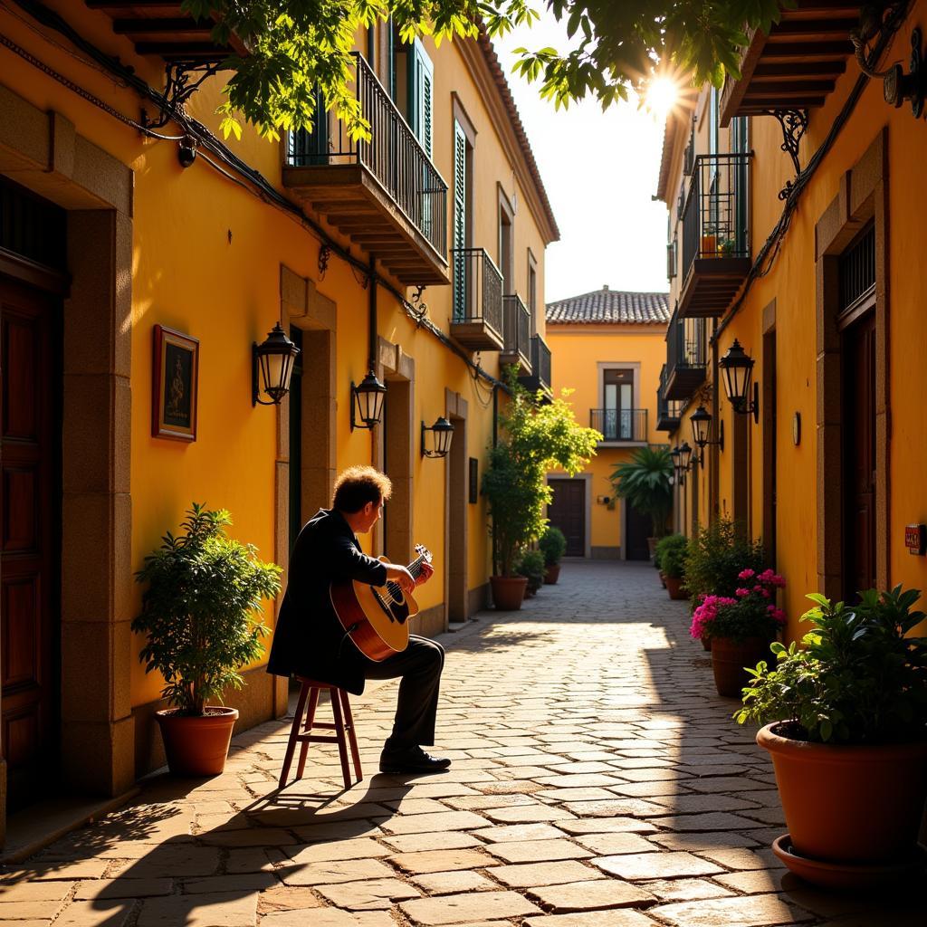 A Spanish courtyard with a flamenco guitarist