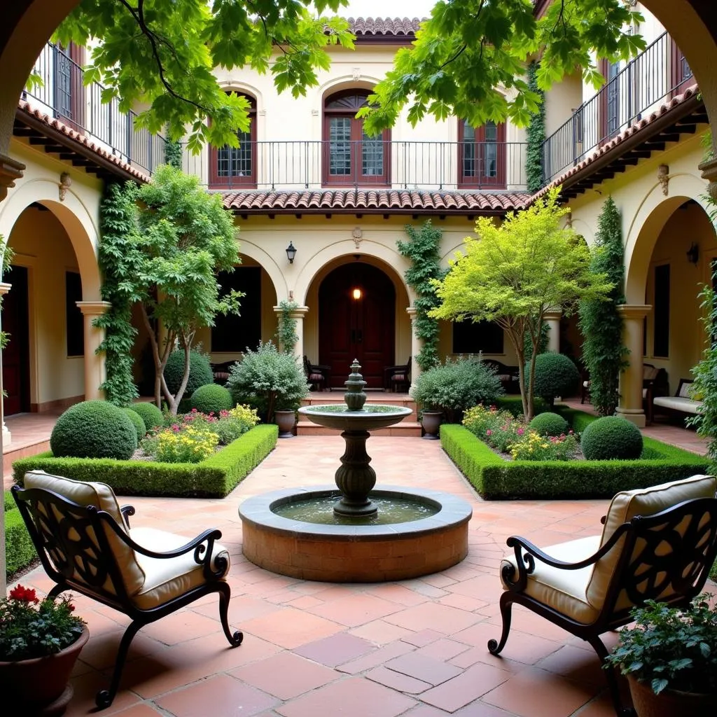 Serene Spanish Courtyard Garden with Fountain and Wrought Iron Furniture