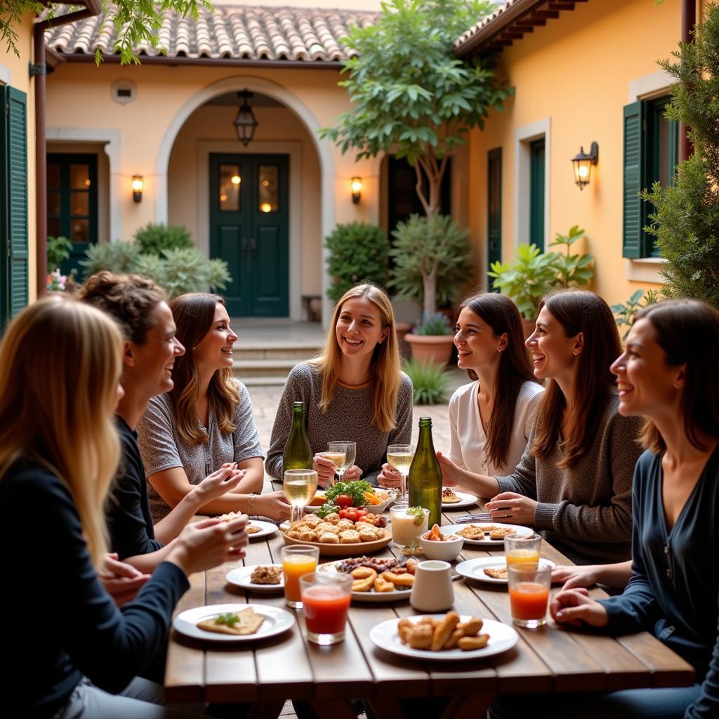 People enjoying a meal in a Spanish courtyard