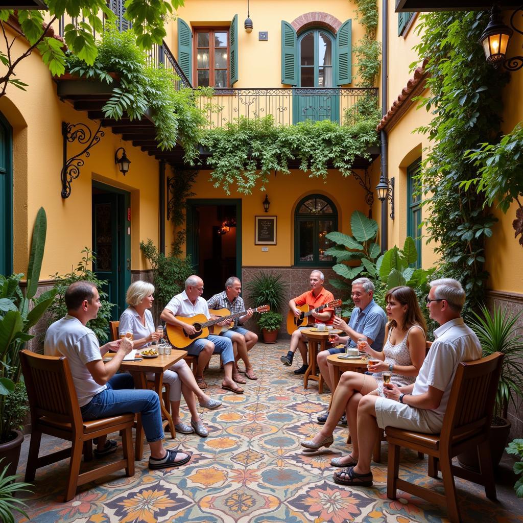 Group enjoying a lively gathering in a traditional Spanish courtyard