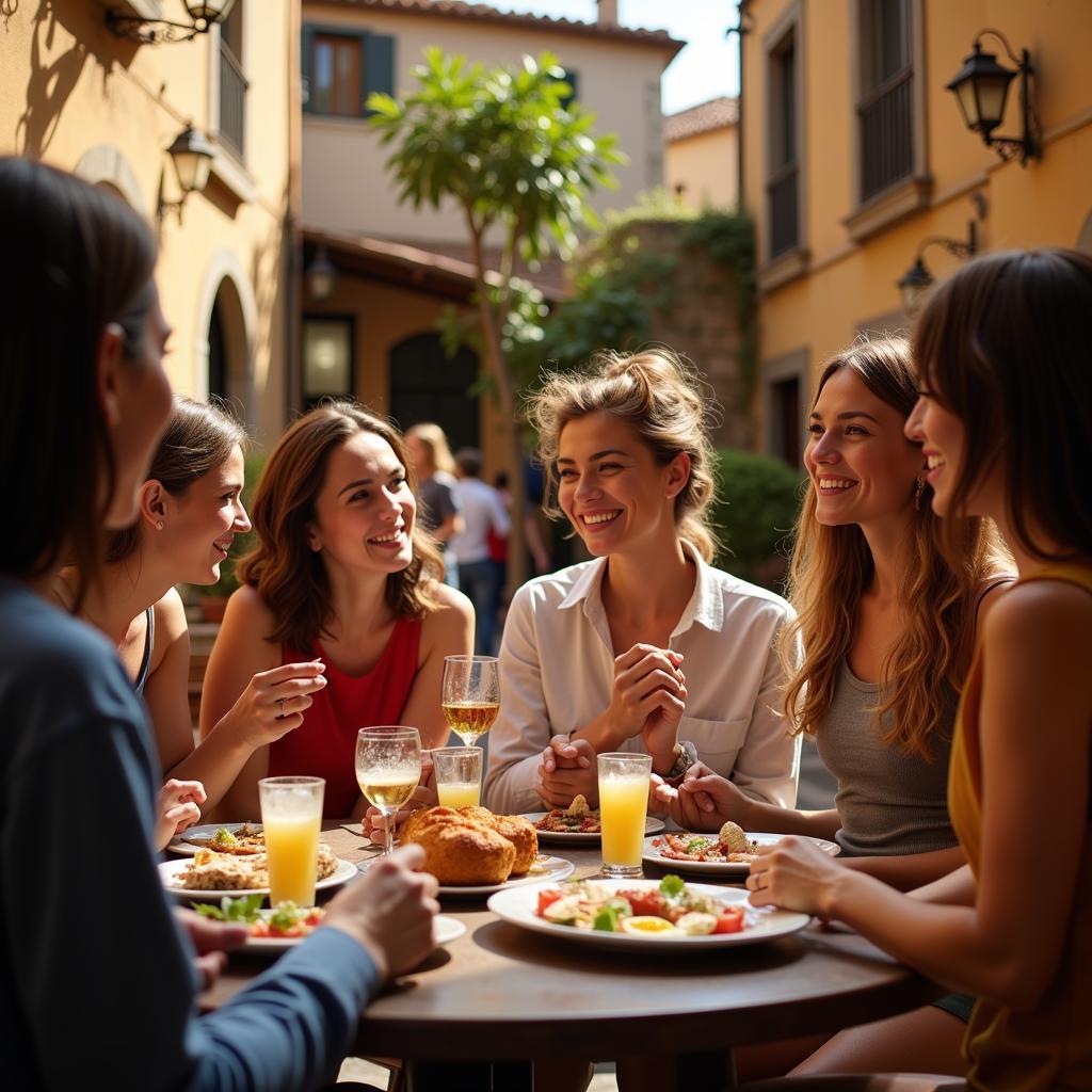 Tourists enjoying a Spanish courtyard with locals