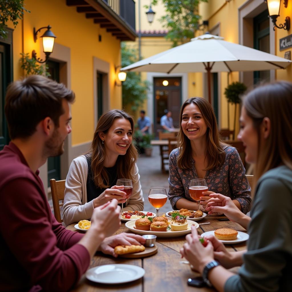 A Lively Gathering in a Traditional Spanish Courtyard