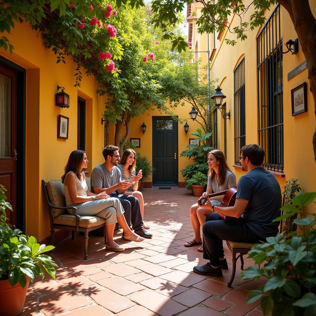 Travelers and hosts enjoying conversation in a Spanish courtyard