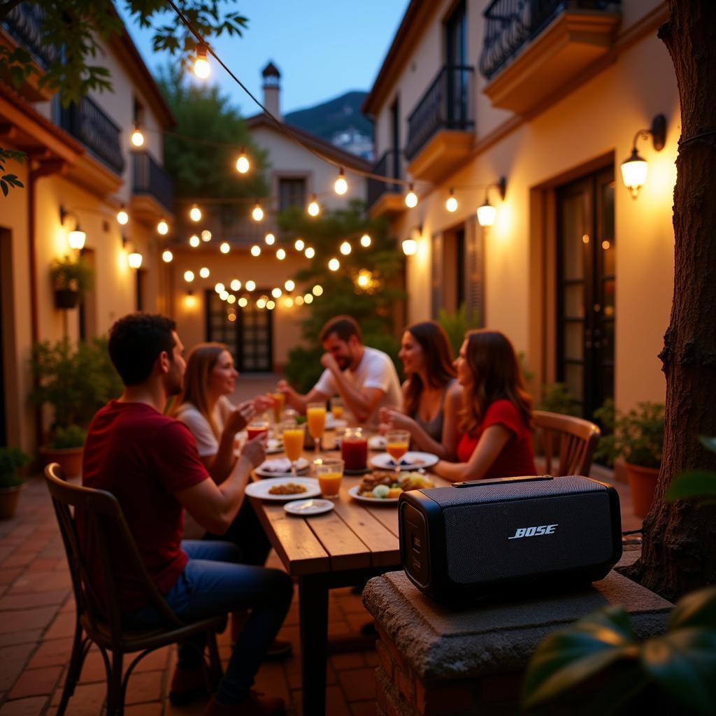 Gathering with friends in a Spanish courtyard, Bose speaker playing music