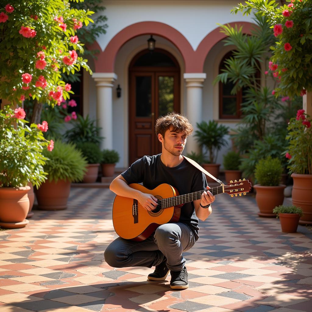 Man playing guitar in a Spanish courtyard