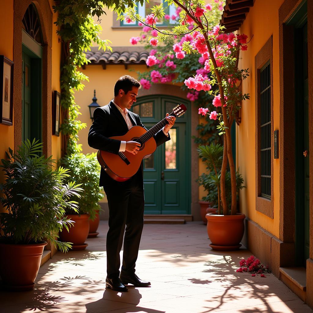 Flamenco guitarist performing in a traditional Spanish courtyard