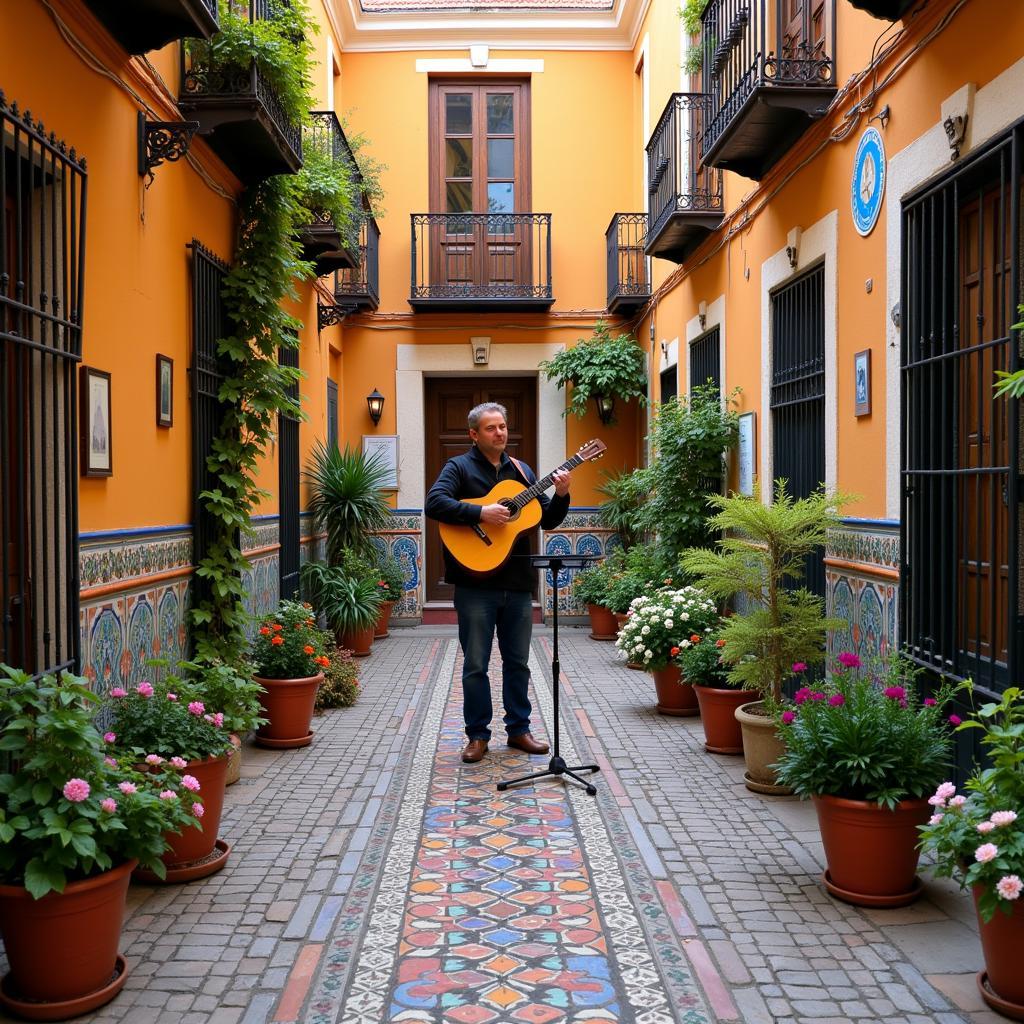 Traditional Spanish Courtyard with Guitarist