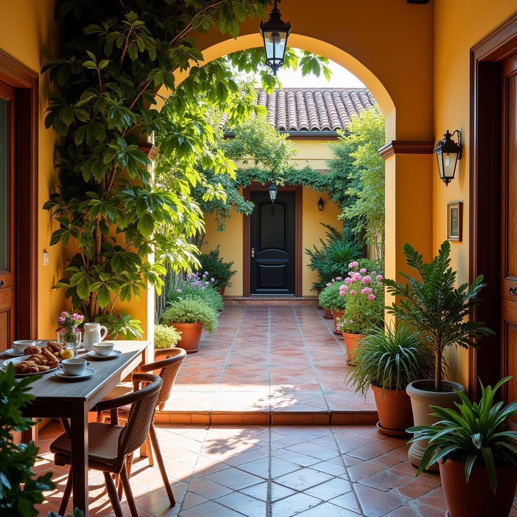 A traditional Spanish courtyard home with vibrant flowers and tiled floors