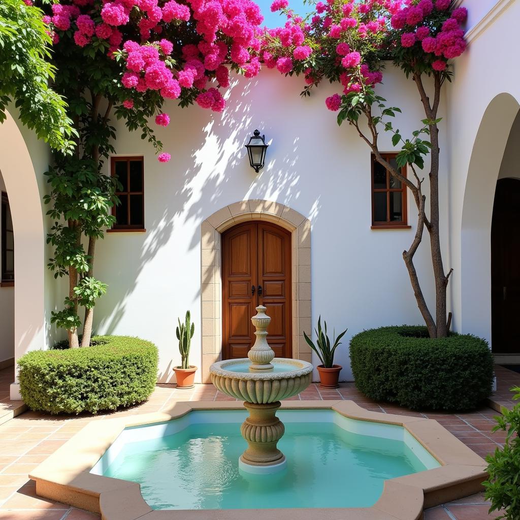 A serene Spanish courtyard with vibrant bougainvillea cascading down white walls, terracotta tiles, and a central fountain.