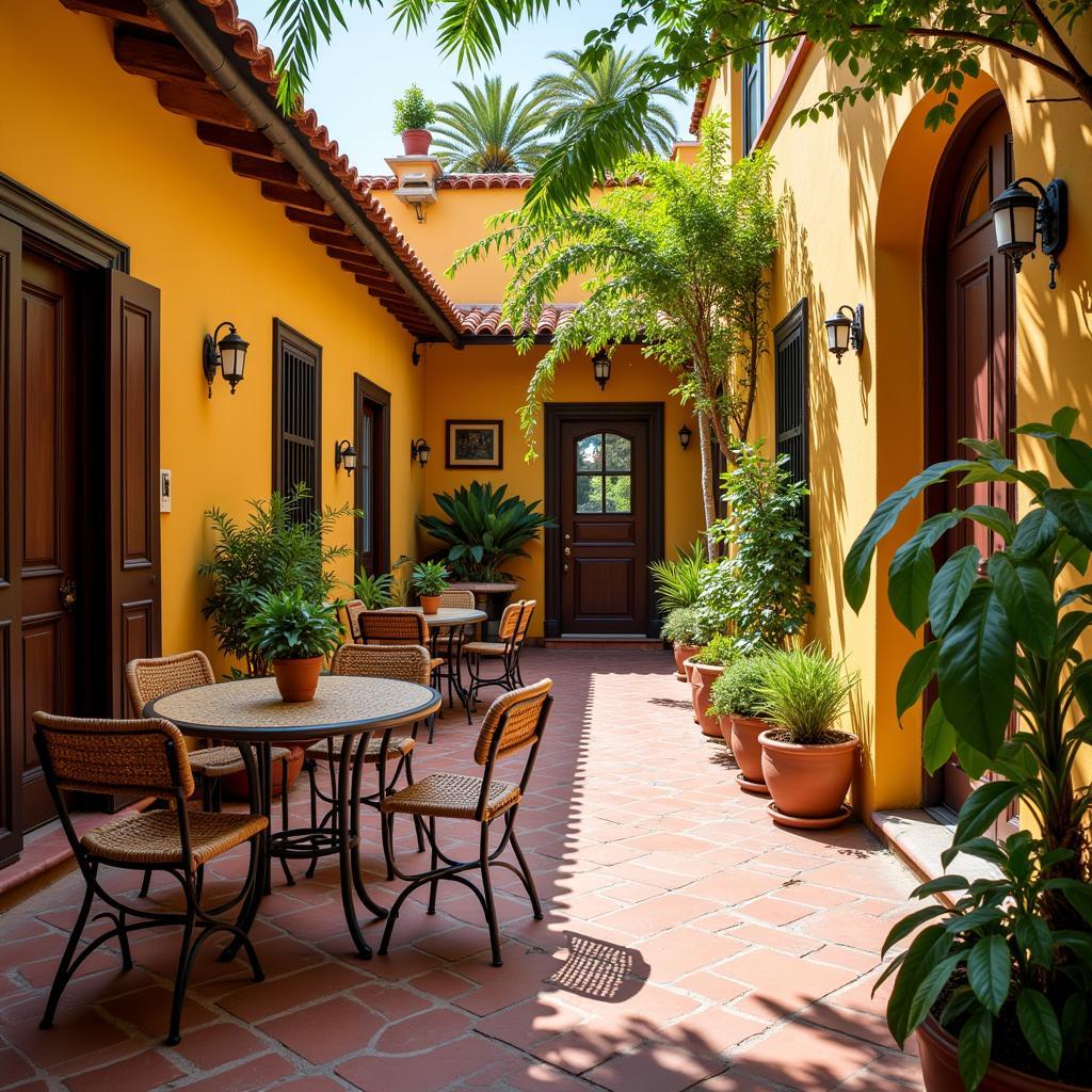 A beautiful Spanish courtyard bathed in sunshine, with a table set for breakfast and vibrant flowers.