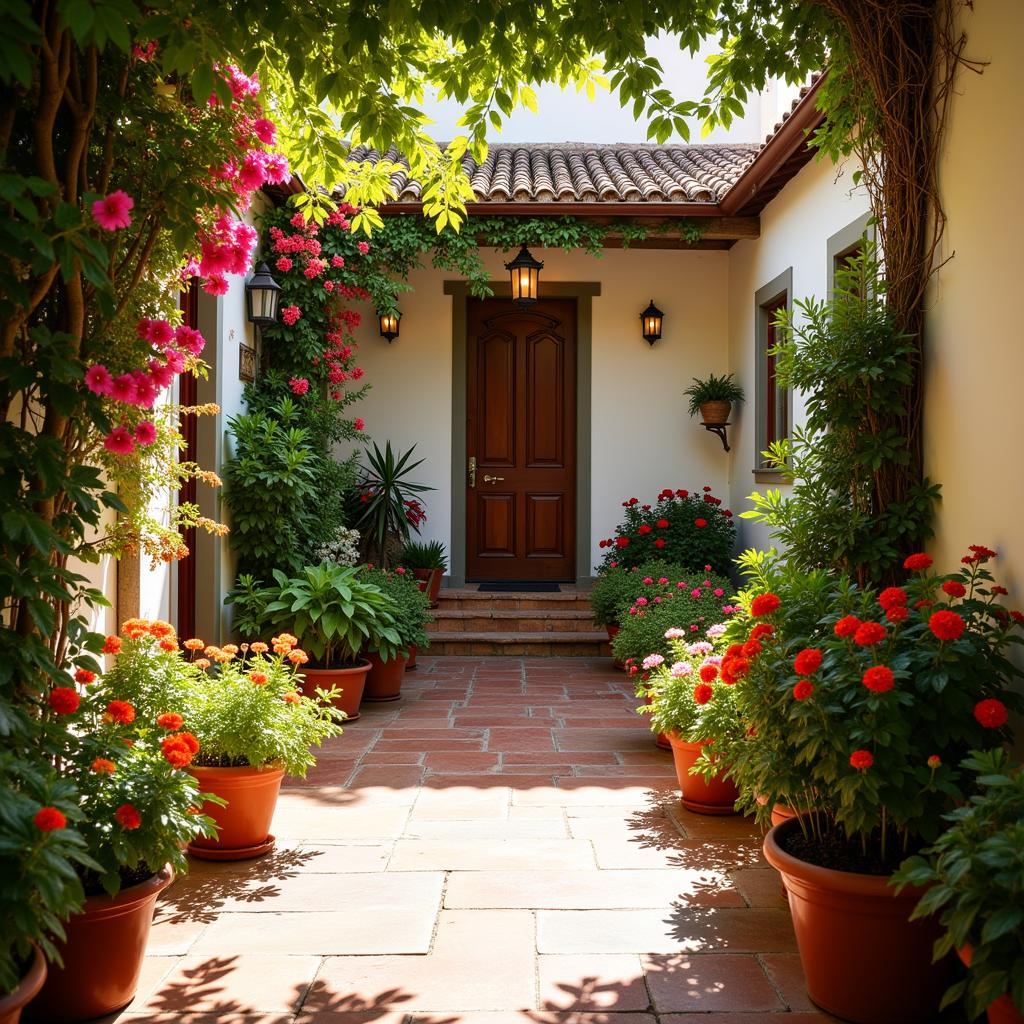 A charming Spanish courtyard, bathed in sunlight, with colorful flower pots and comfortable outdoor seating