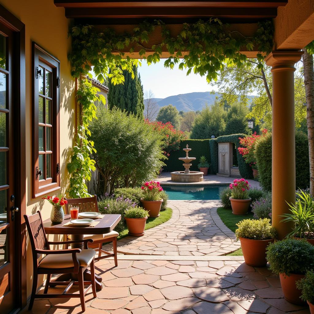 A charming courtyard in a traditional Spanish home, adorned with colorful flowers and rustic furniture, offering a glimpse into local life.