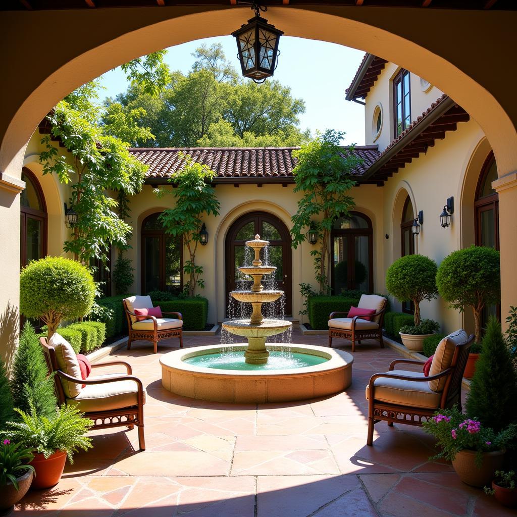 A serene Spanish courtyard with a fountain and lush greenery