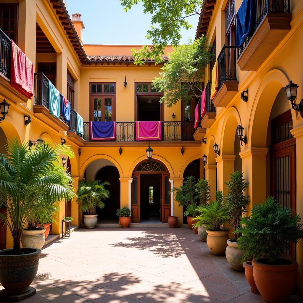 Spanish courtyard with vibrant textiles and ceramics