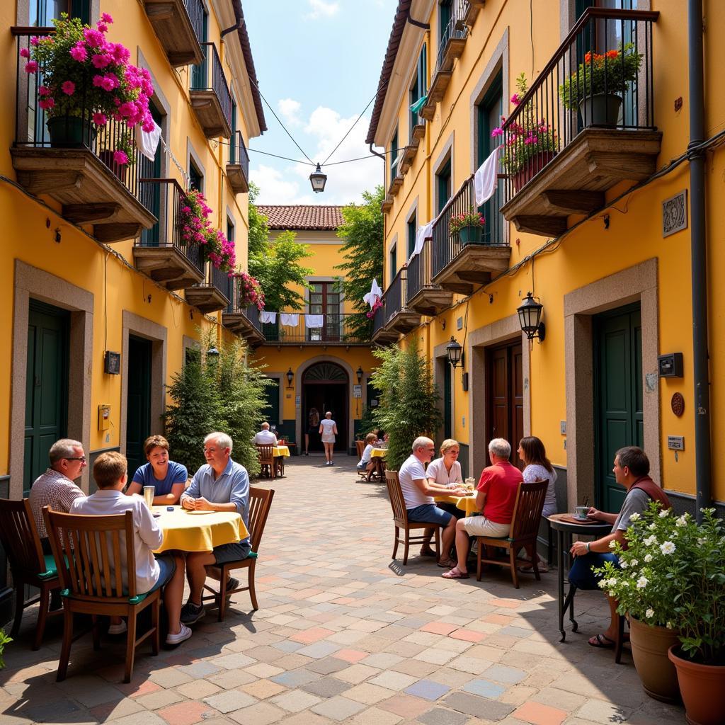 A vibrant Spanish courtyard bustling with local life