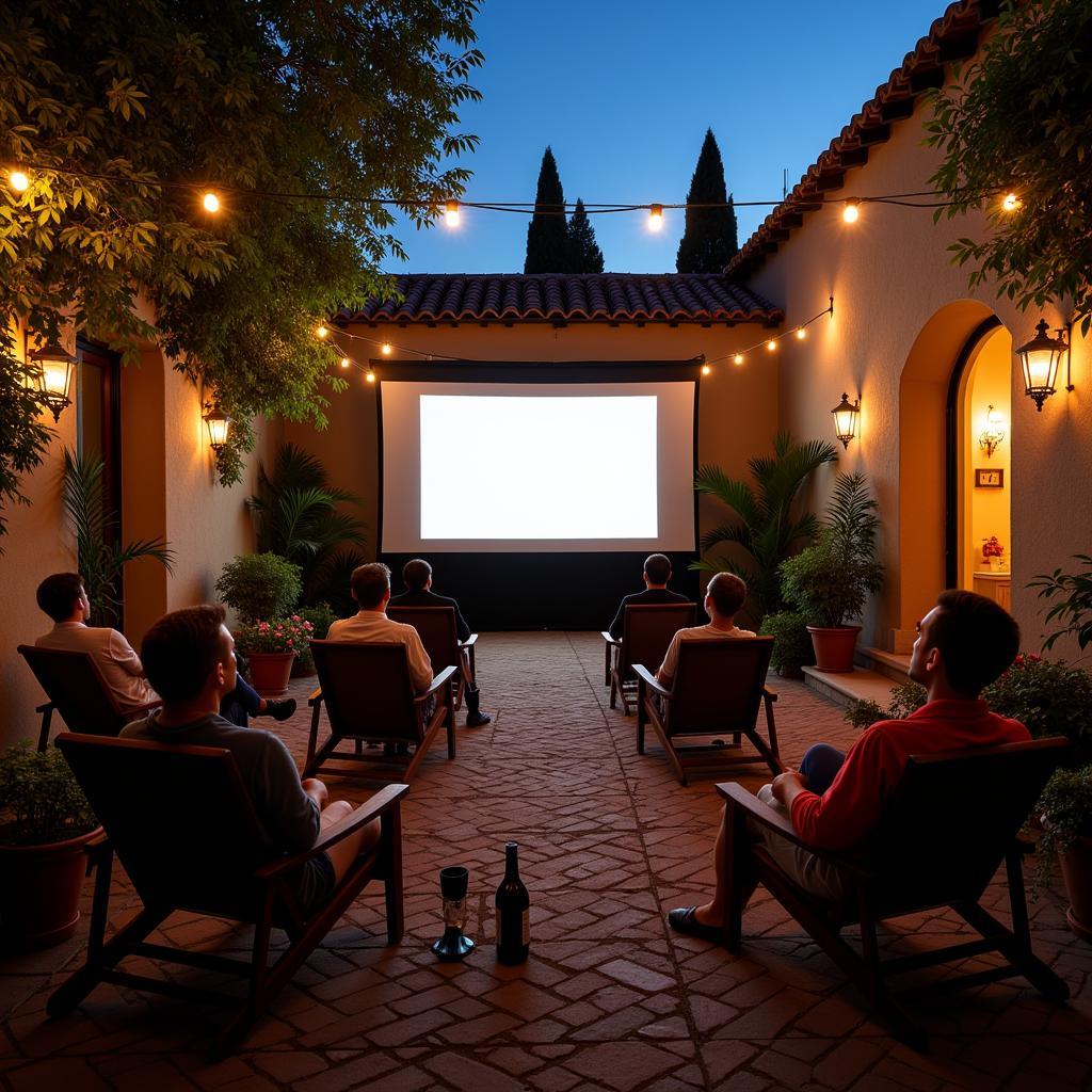 Outdoor movie night in a Spanish courtyard