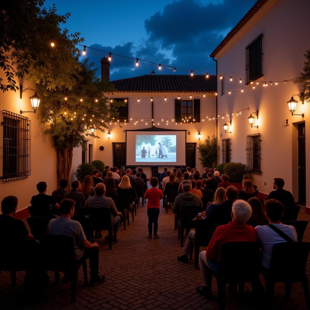 Outdoor movie night in a Spanish courtyard