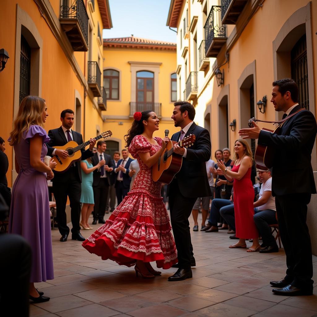 Enjoying a traditional flamenco performance in a Spanish courtyard