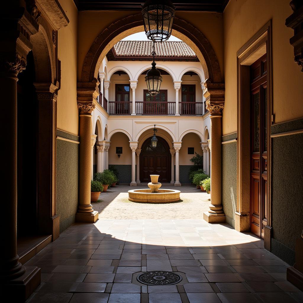 Intricate details of a traditional Spanish courtyard, hinting at a hidden mystery