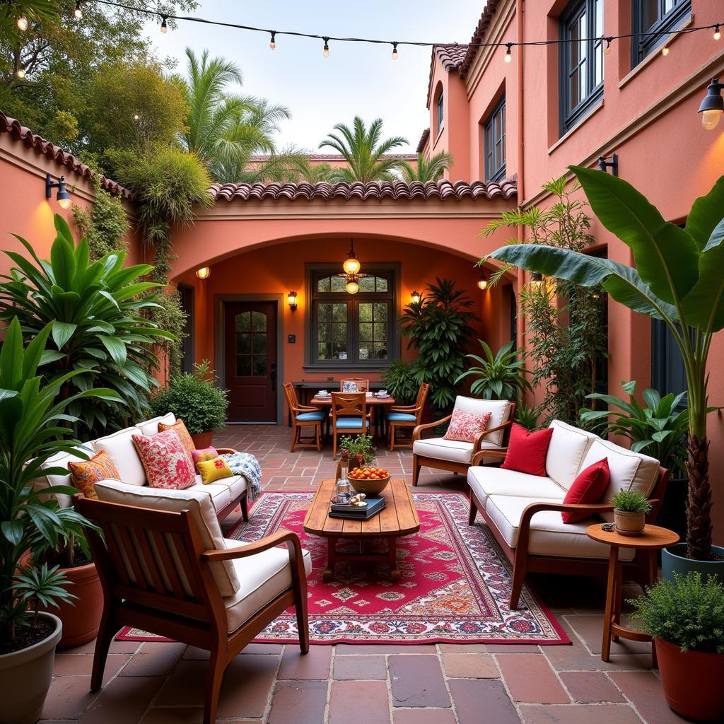 Outdoor Living Space in a Spanish Courtyard with Anthropologie Touches