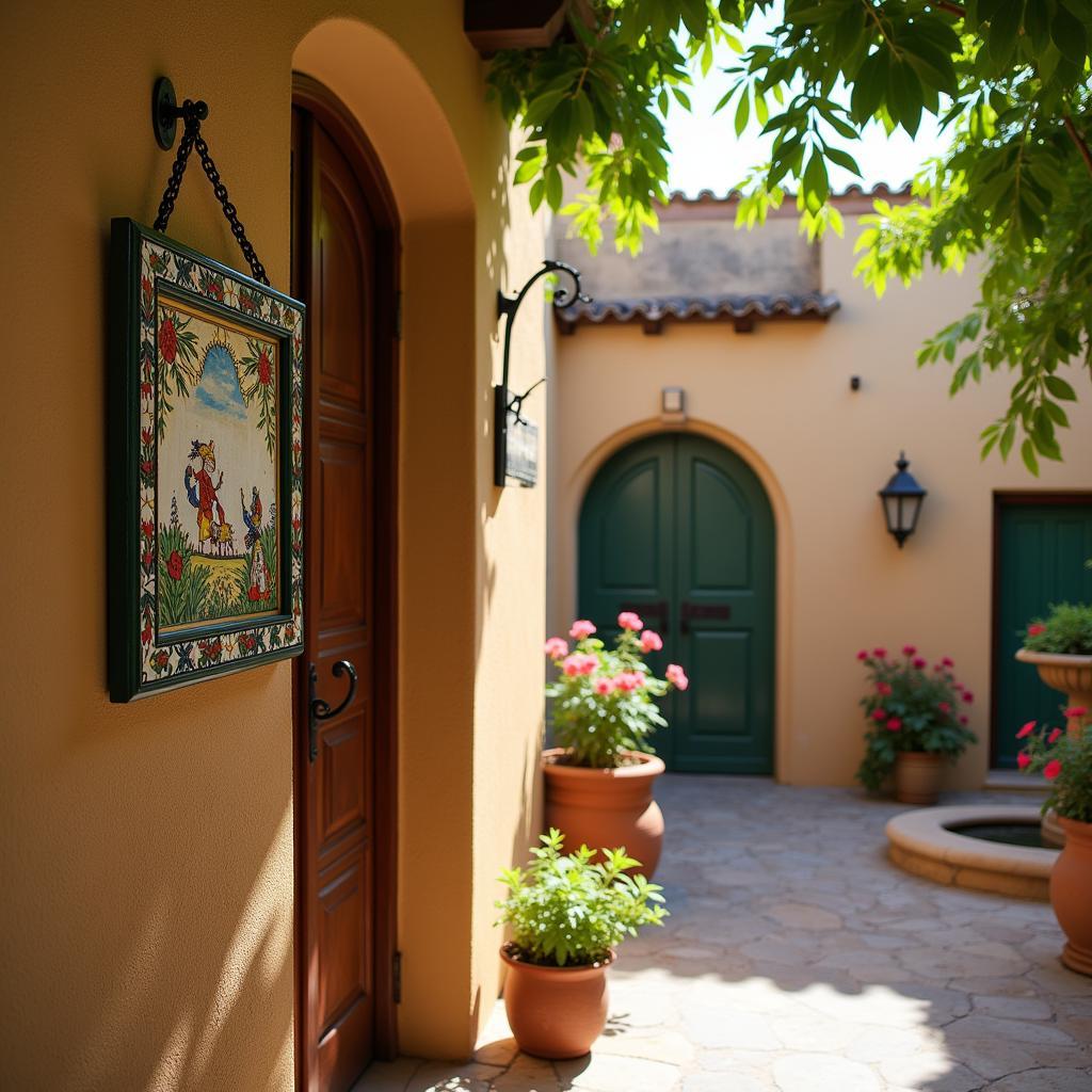 A hand-painted ceramic sign in a Spanish courtyard